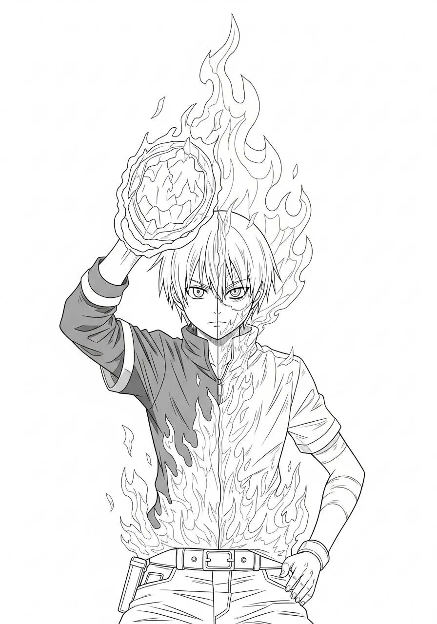 Desenho de Anime do Shoto Todoroki com Chamas para Colorir