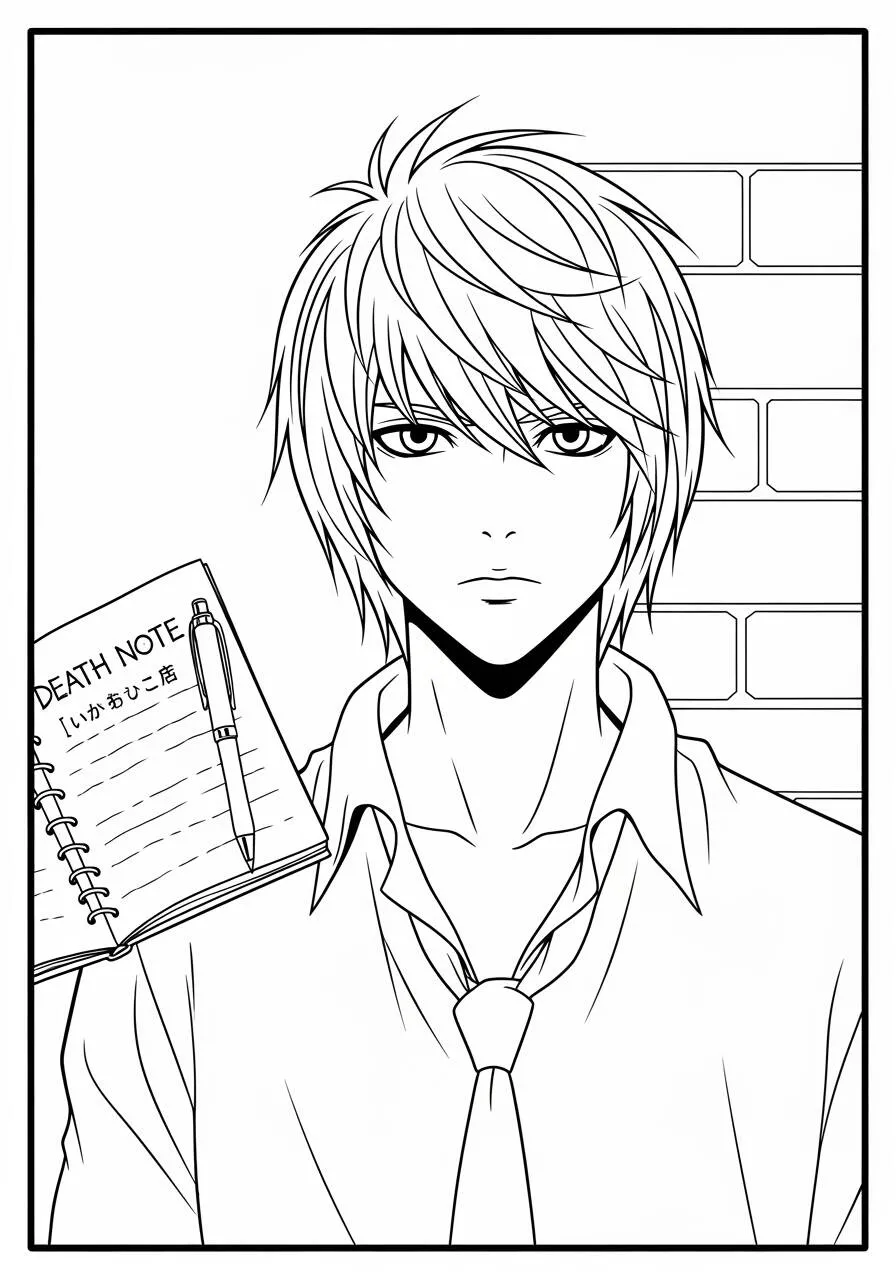 Desenho de Anime do Light Yagami com o Death Note para Colorir