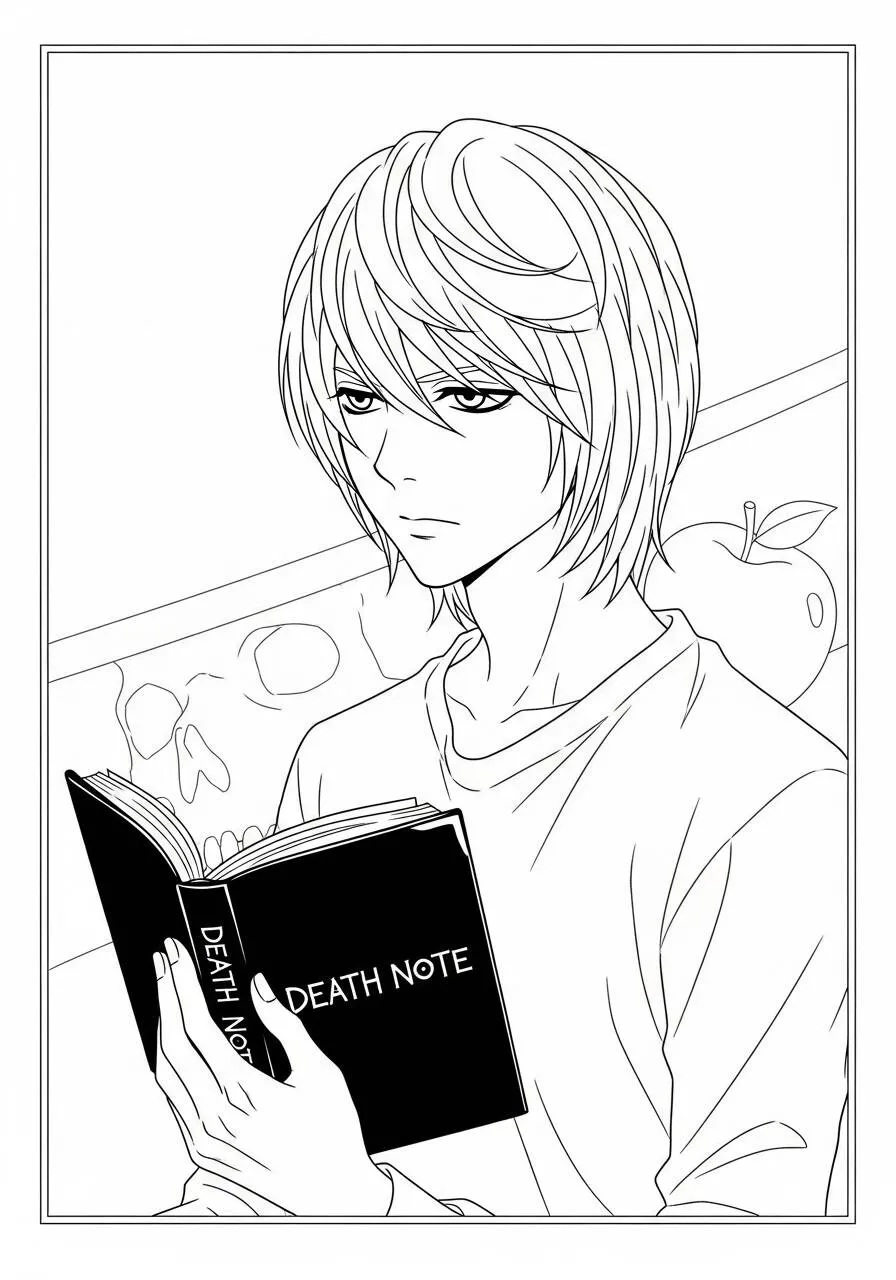Desenho de Anime do Light Yagami Lendo o Death Note para Colorir