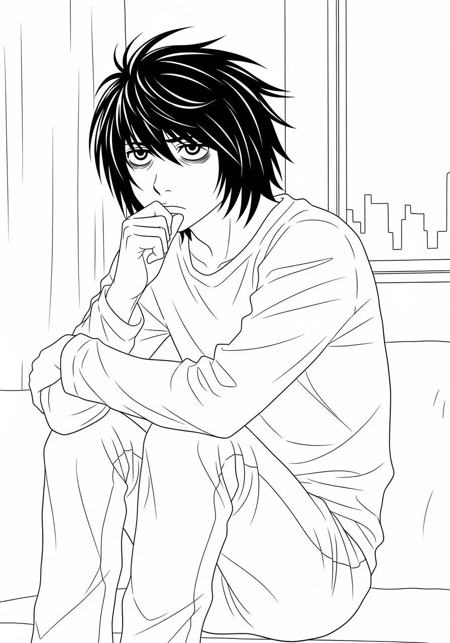 Desenho de Anime do L com Pensamento Profundo para Colorir