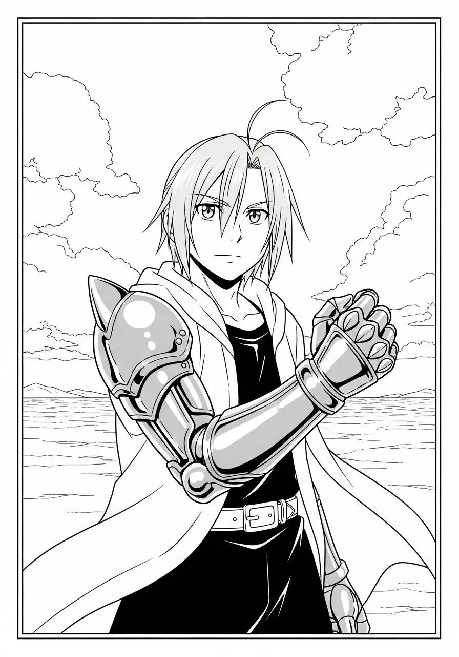 Desenho de Anime do Edward Elric com Braço de Metal para Colorir