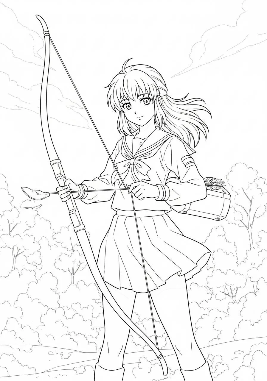 Desenho de Anime da Menina Arqueira Pronta para Colorir