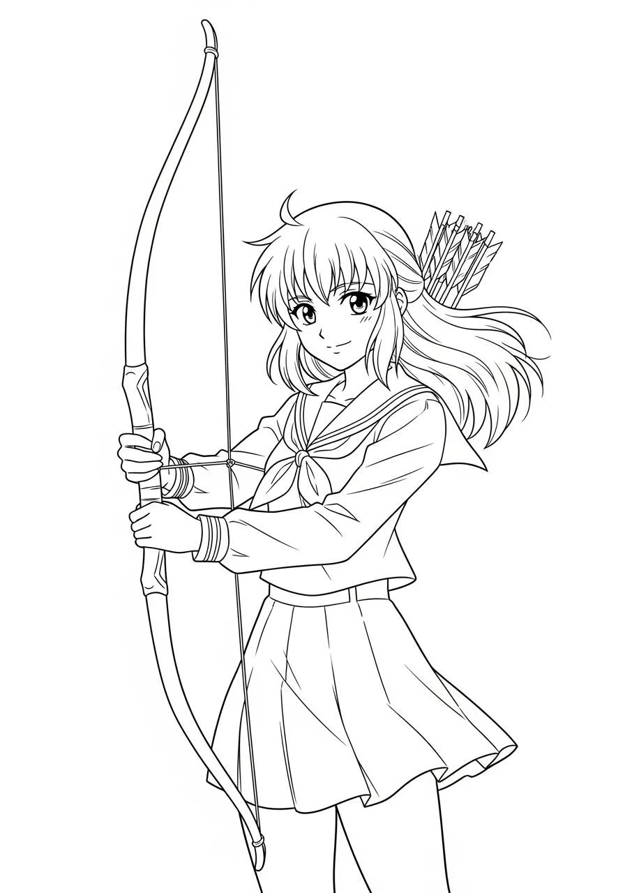 Desenho de Anime da Menina Arqueira com Arco para Colorir