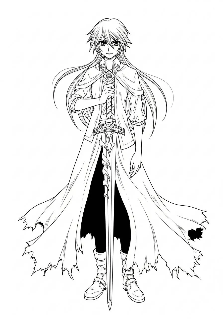 Desenho de Anime do Personagem com Espada para Colorir