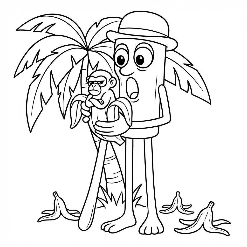 Coloriage Tung Tung Tung Sahur avec singe et bananier