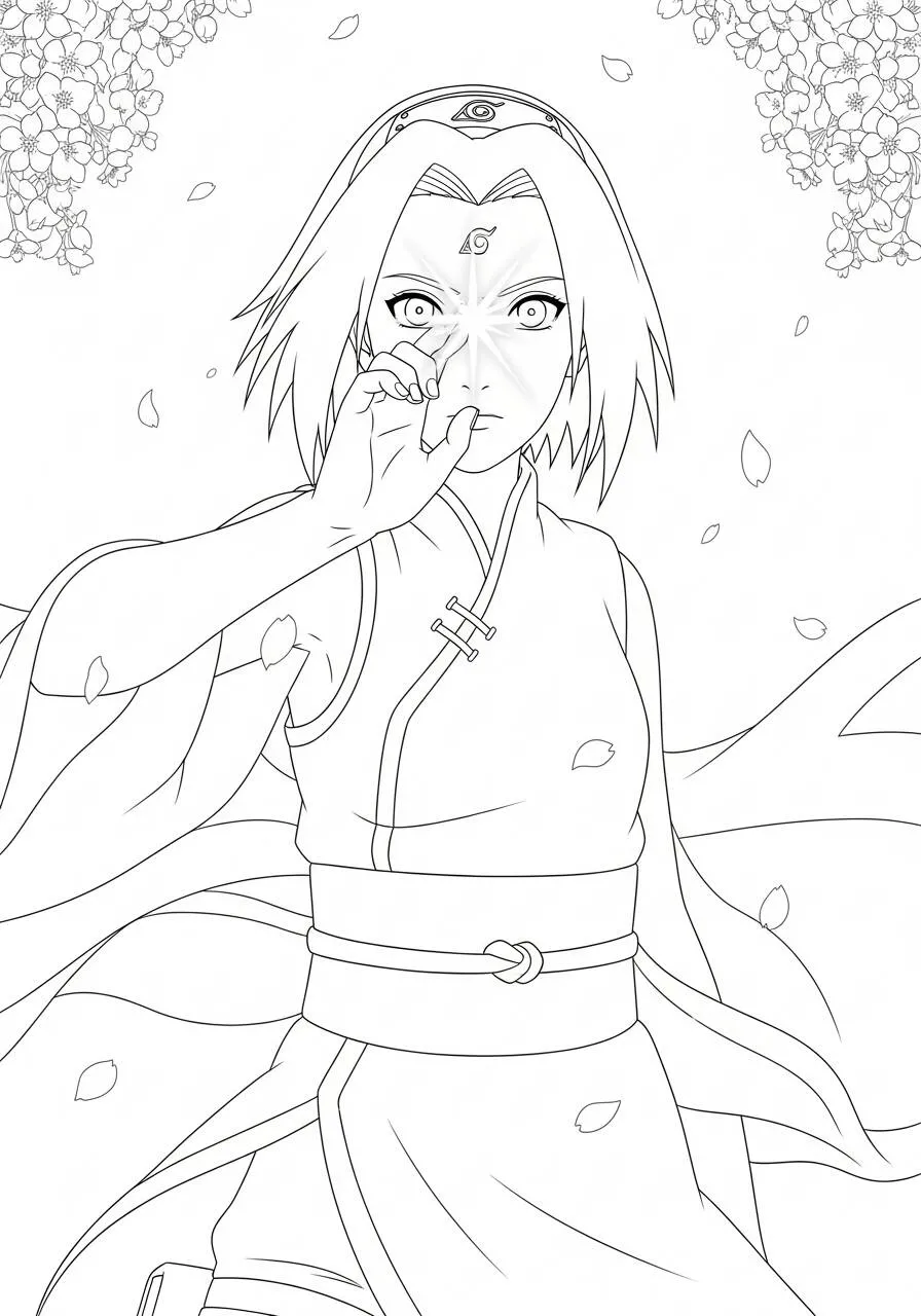 Desenho de Anime da Sakura Haruno com Jutsu de Cura para Colorir