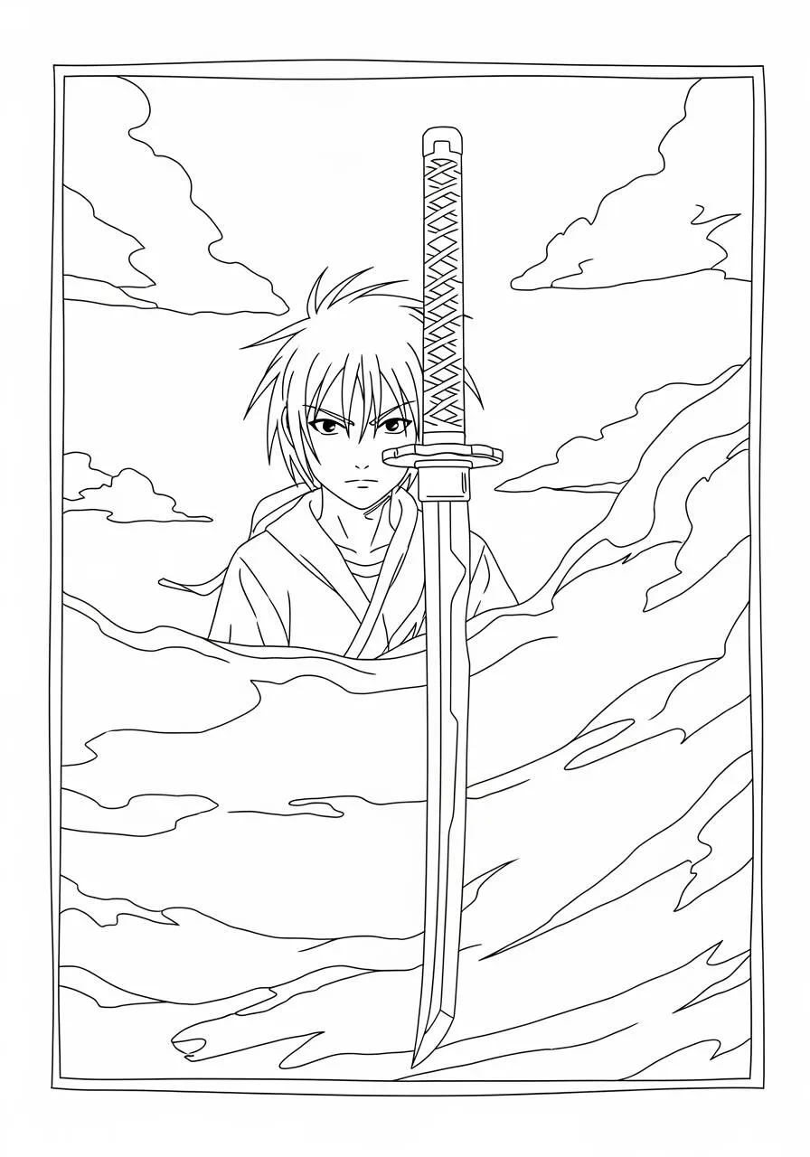 Desenho de Anime do Samurai com Espada em Ação para Colorir