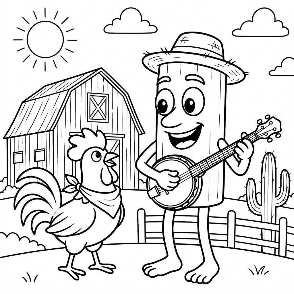 Coloriage Tung Tung Tung Sahur jouant de la guitare avec du poulet