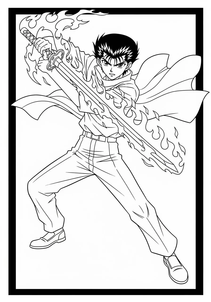 Desenho de Anime do Yusuke Urameshi com Espada Flamejante para Colorir