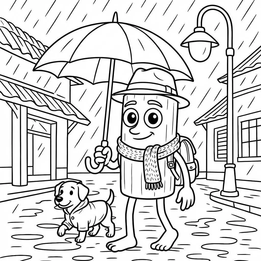 Coloriage Tung Tung Tung Sahur avec parapluie et chien