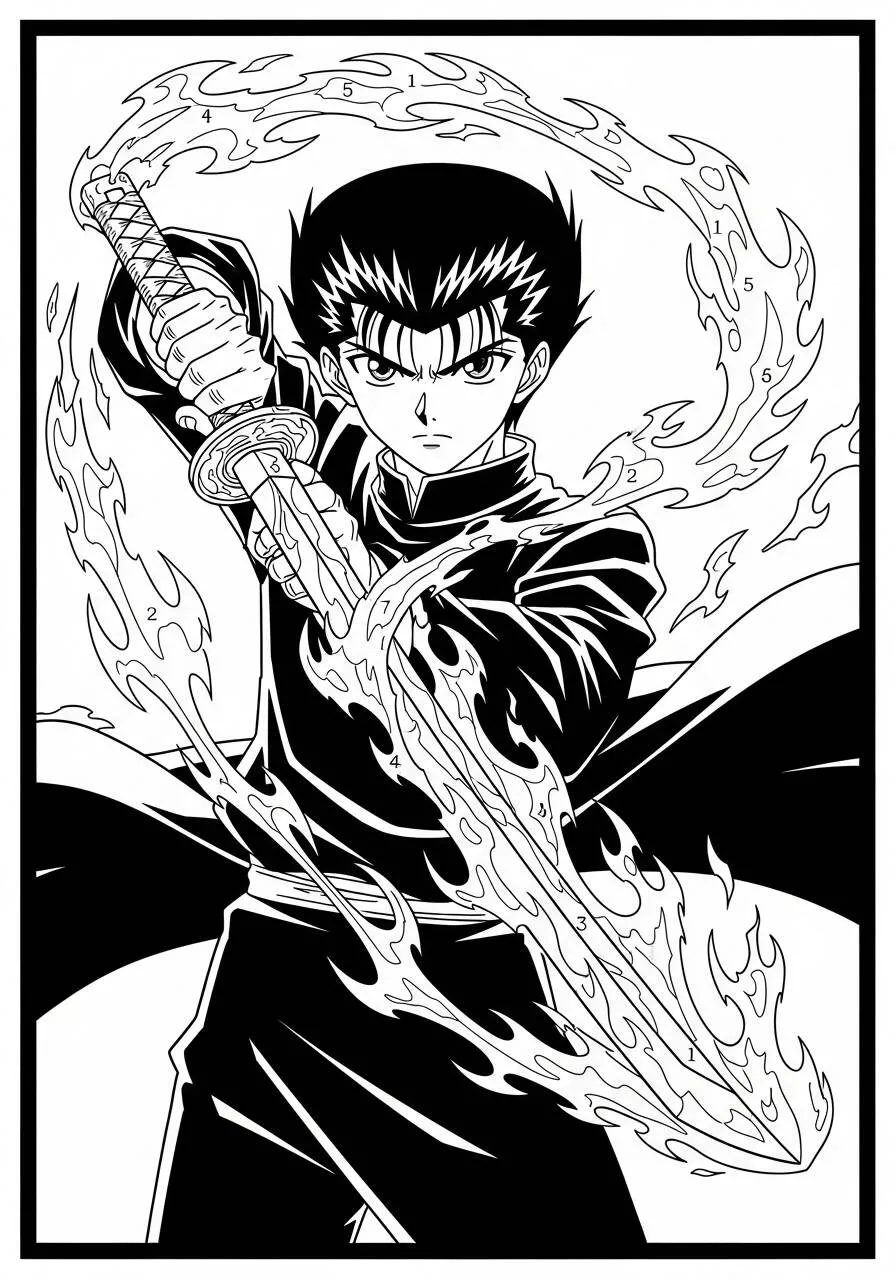 Desenho de Anime do Yusuke Urameshi com Espada Flamejante para Colorir