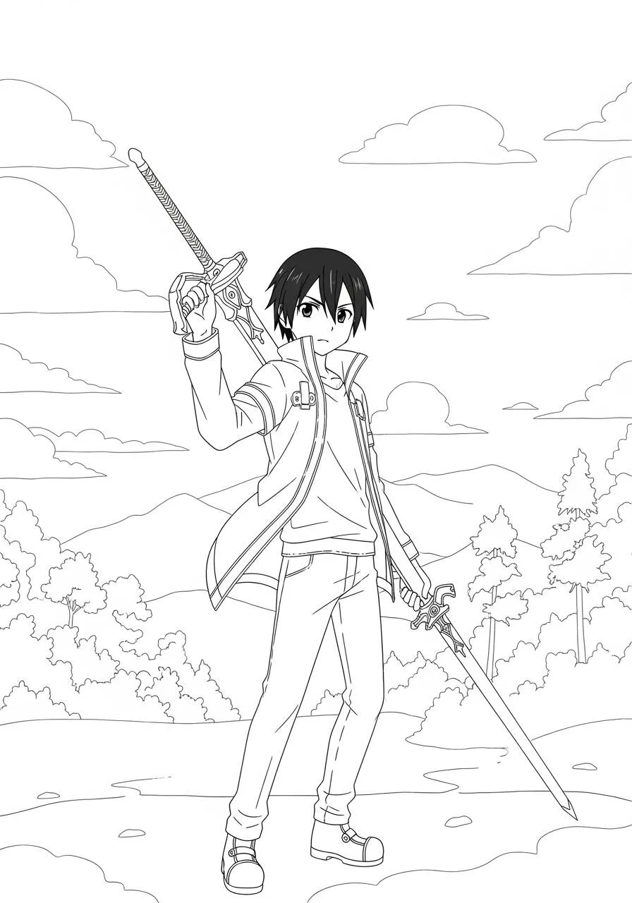 Desenho de Anime do Kirito com Espada para Colorir