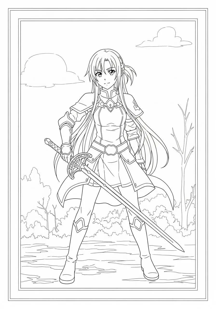 Desenho de Anime da Asuna com Espada para Colorir