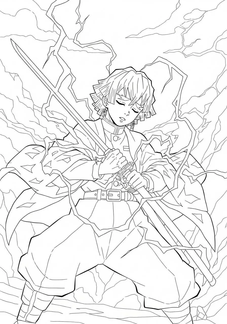 Anime Zenitsu con espada y relámpago para colorear