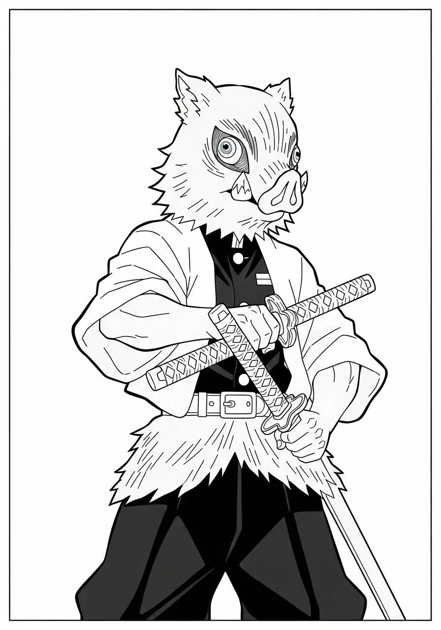 Desenho de Anime do Inosuke com Máscara de Javali para Colorir