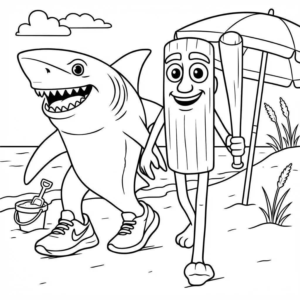 Coloriage Tung Tung Tung Sahur sur la plage