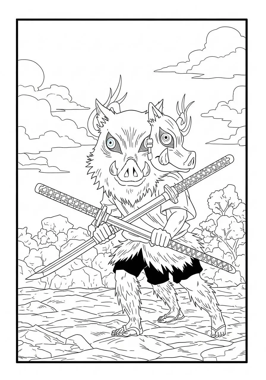 Desenho de Anime do Inosuke com Máscara de Javali para Colorir