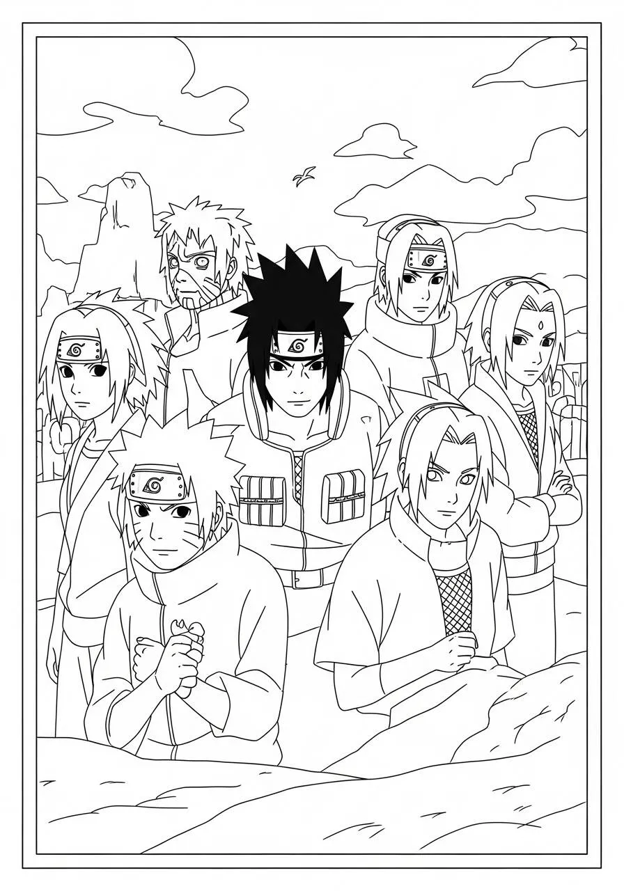 Desenho de Anime do Naruto com a Equipe 7 para Colorir