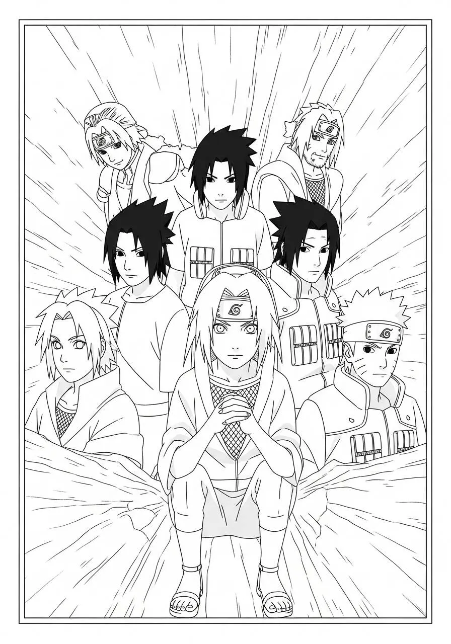 Desenho de Anime do Naruto com os Personagens da Vila Oculta da Folha para Colorir