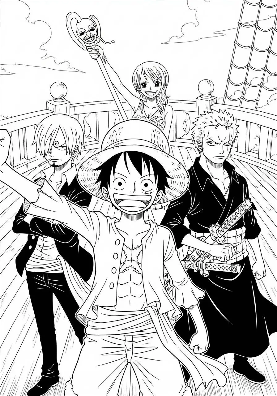 Desenho de Anime do Luffy com os Amigos no Navio para Colorir