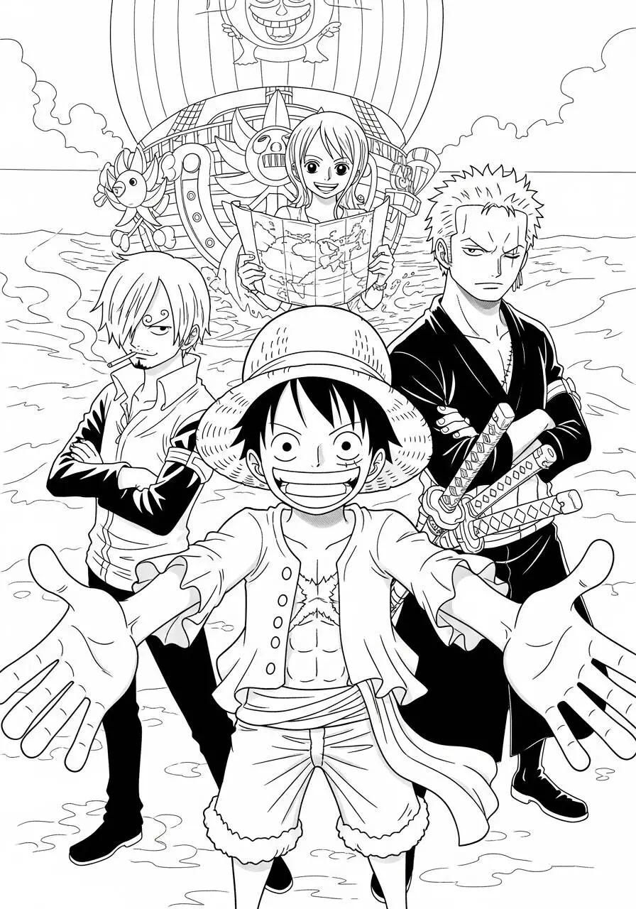Desenho de Anime do Luffy com os Amigos do Chapéu de Palha para Colorir