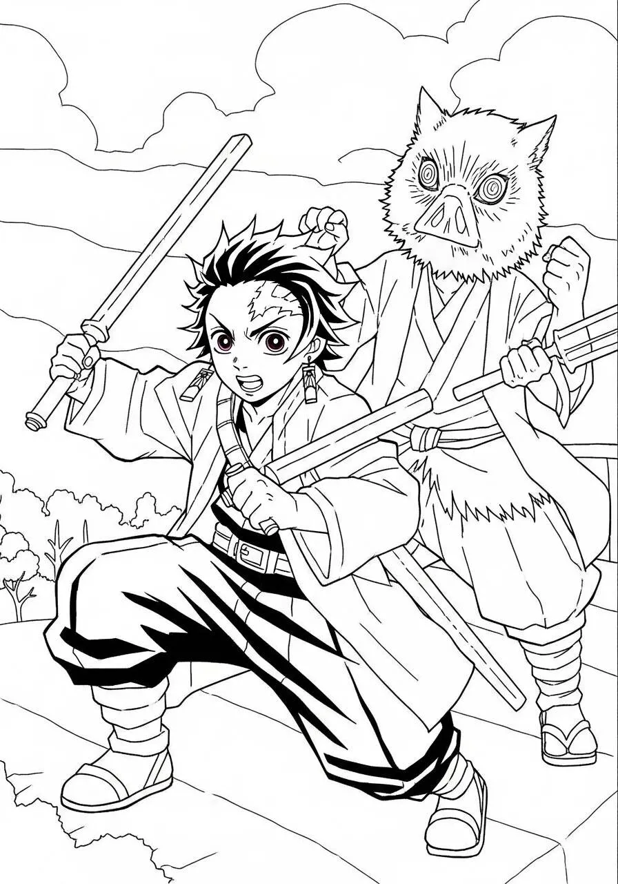 Desenho de Anime do Tanjiro e Inosuke Prontos para a Batalha para Colorir