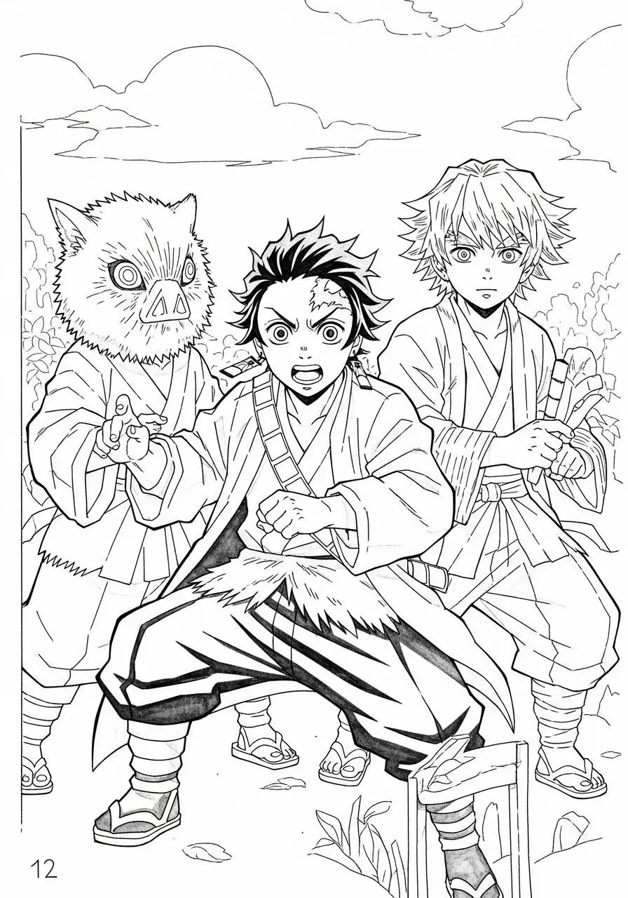 Desenho de Anime do Tanjiro e Zenitsu prontos para a Luta para Colorir