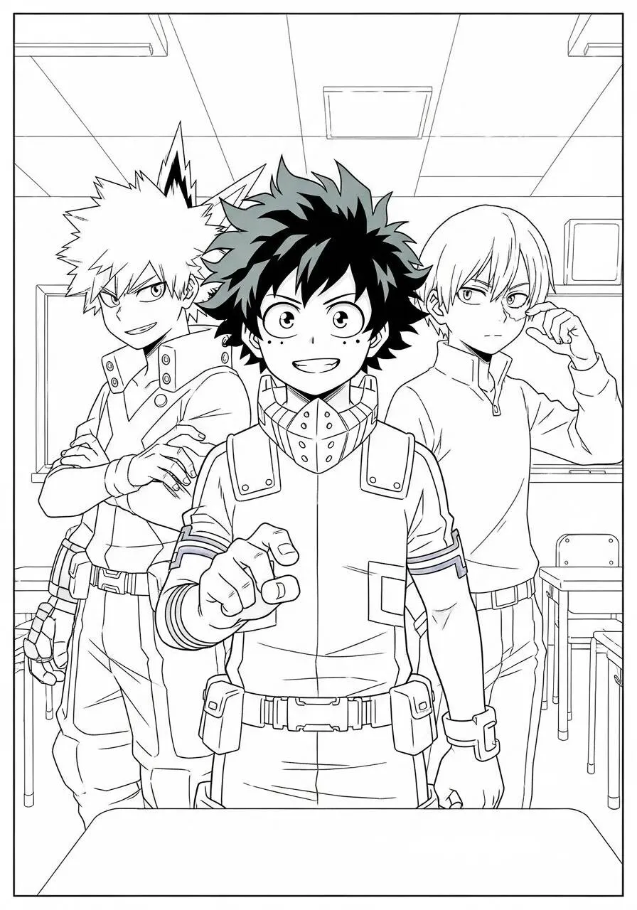 Desenho de Anime do Deku, Bakugo e Todoroki para Colorir