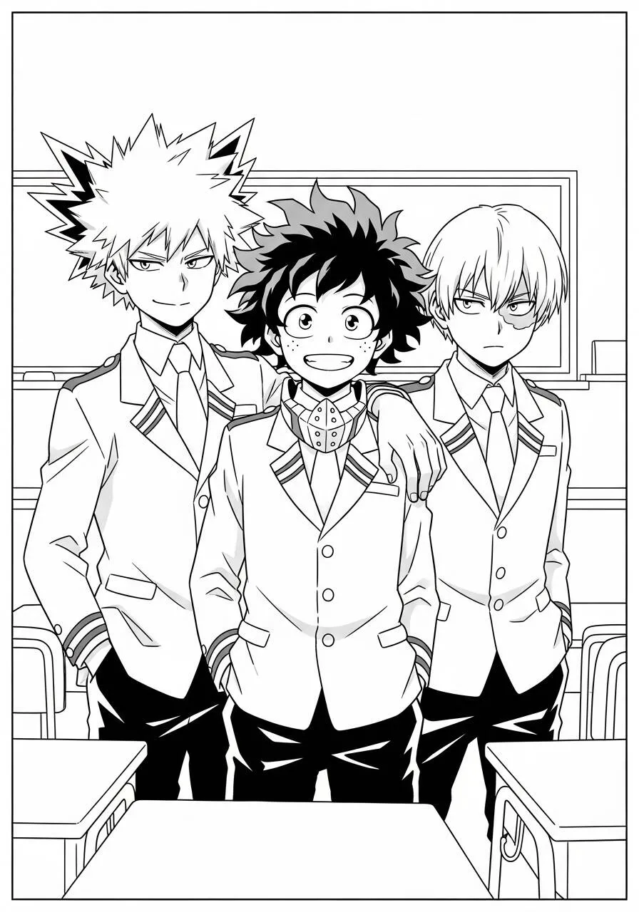 Desenho de Anime do Deku com Bakugo e Todoroki para Colorir