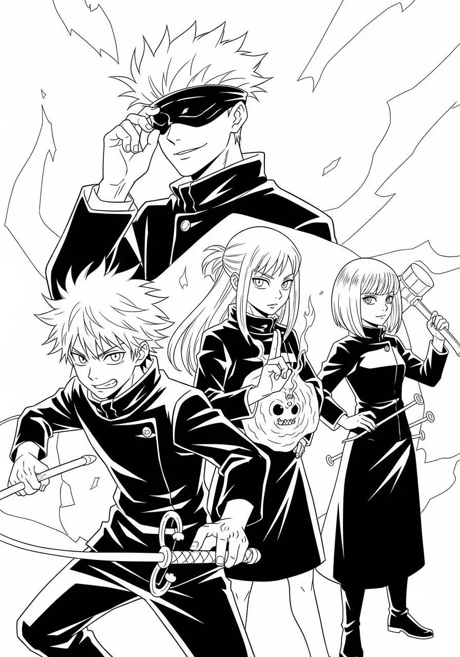 Desenho de Anime do Satoru Gojo com Venda e Personagens de Jujutsu Kaisen para Colorir