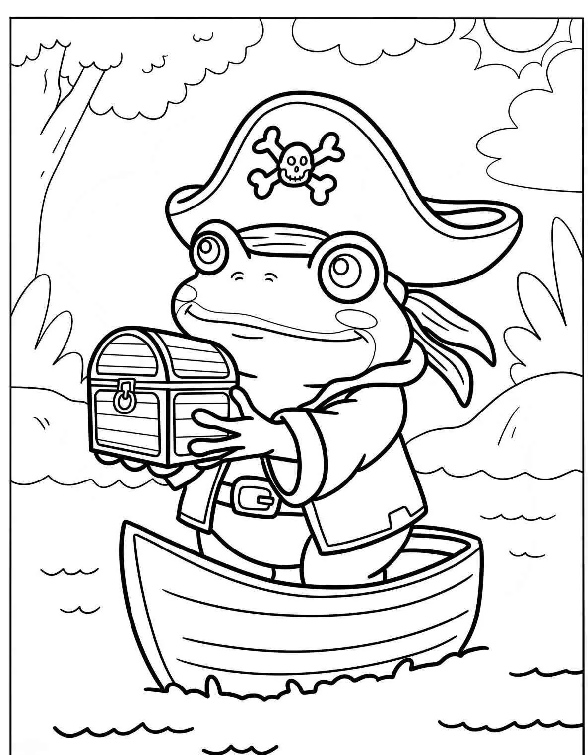 Desenho de Sapo Pirata com Tesouro para Colorir