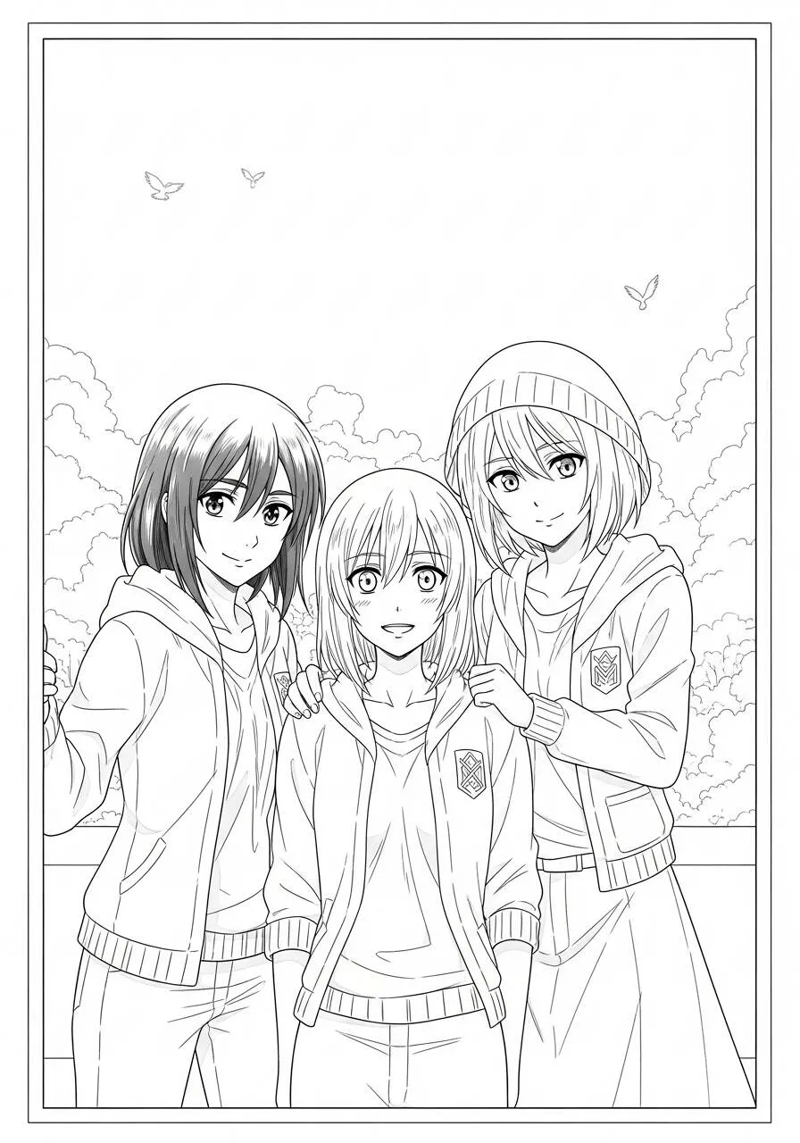Desenho de Anime das Três Amigas para Colorir