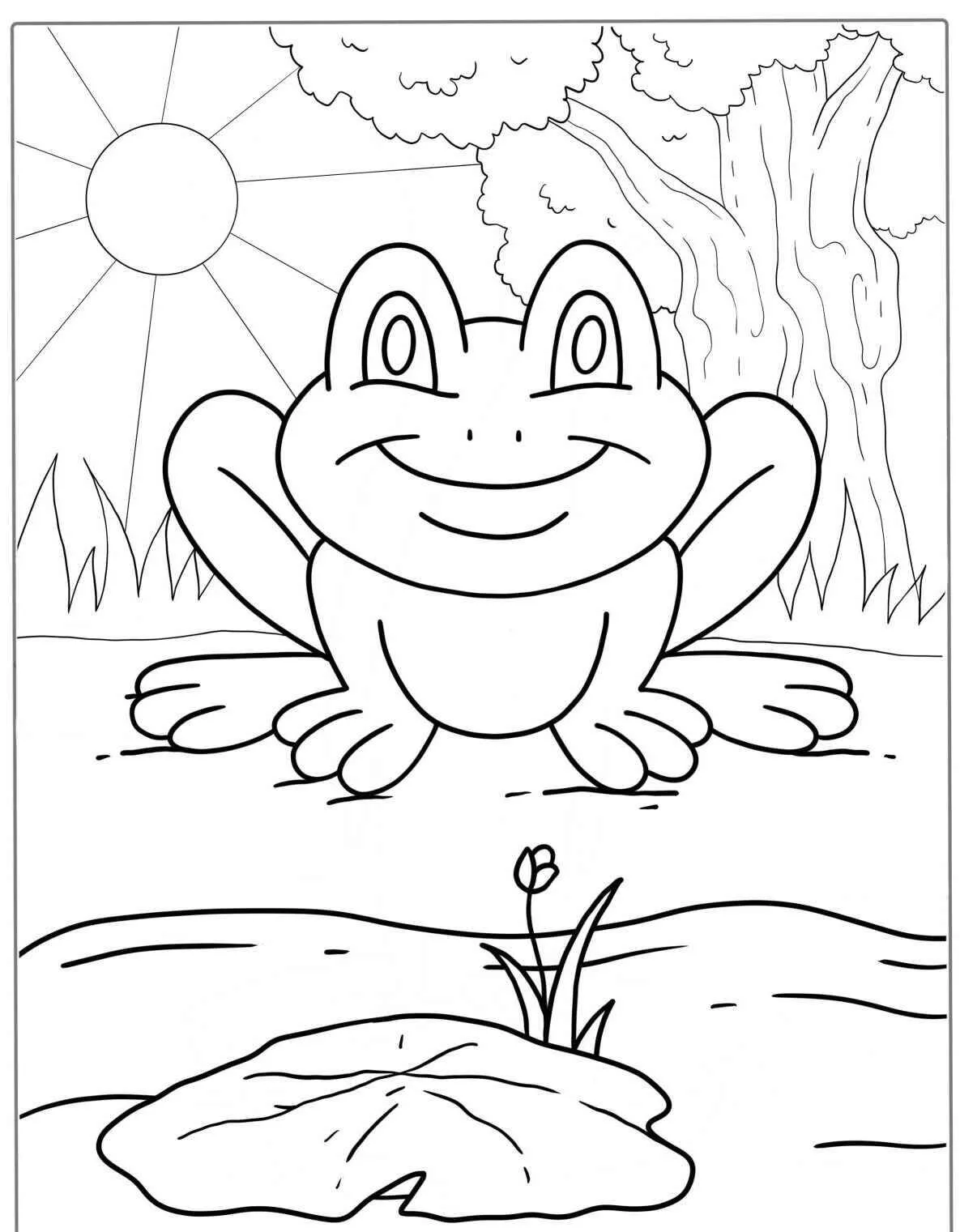 Dibujo para colorear de rana feliz en el estanque