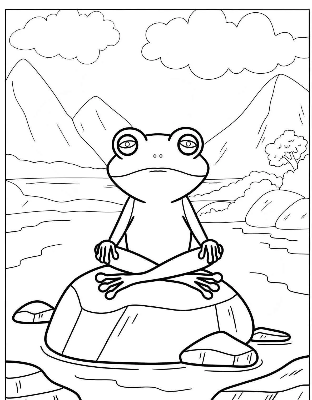 Dibujo para colorear de rana meditando sobre una roca