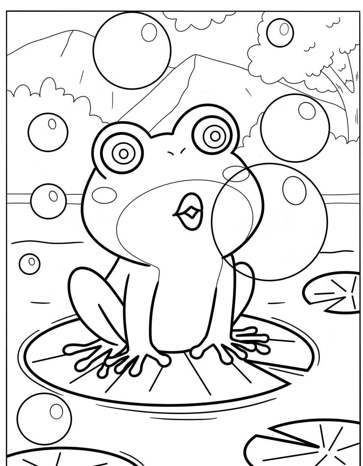 Dibujo para colorear de rana con burbujas