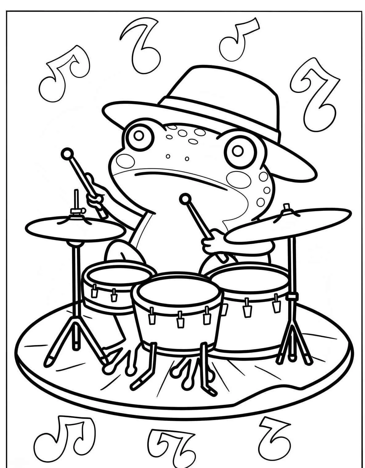 Desenho de Sapo Músico Tocando Bateria para Colorir