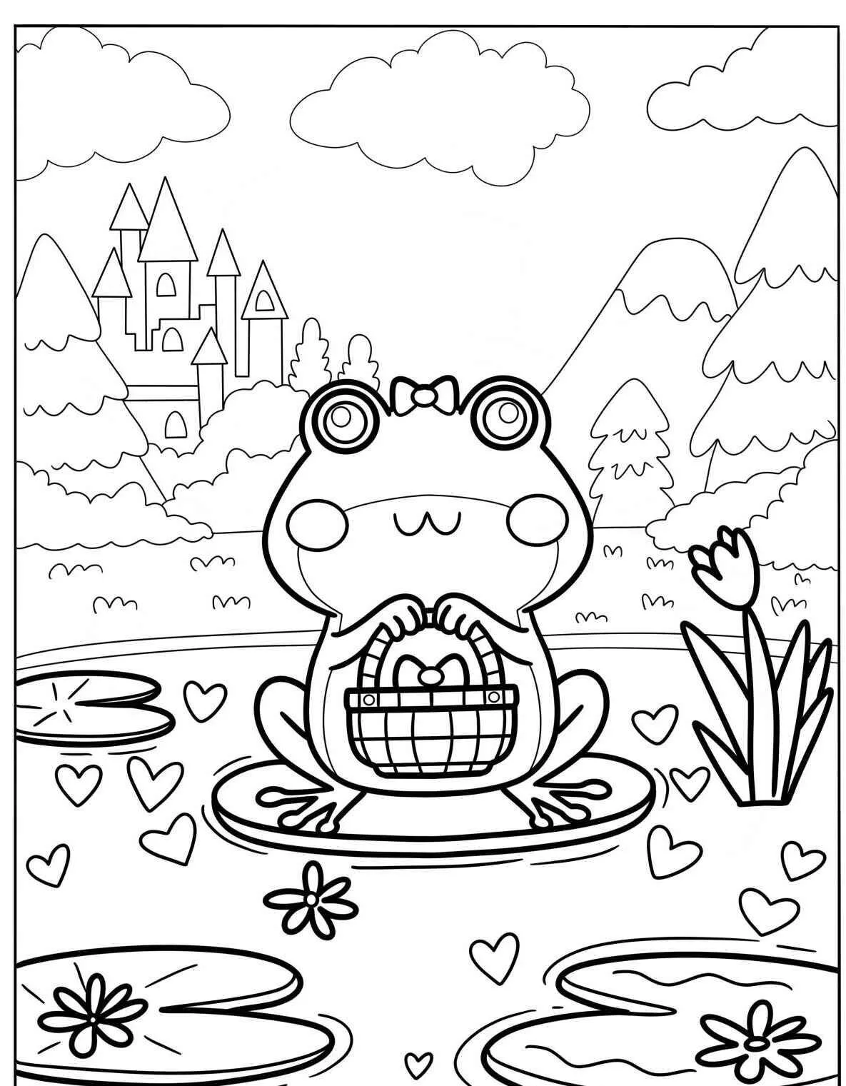 Desenho de Sapo Fofinho com Cesta na Lagoa para Colorir