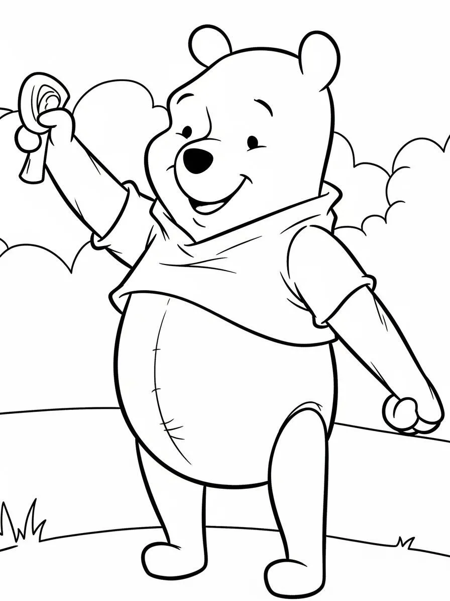Desenho de Ursinho Pooh Feliz com um Pote de Mel para Colorir