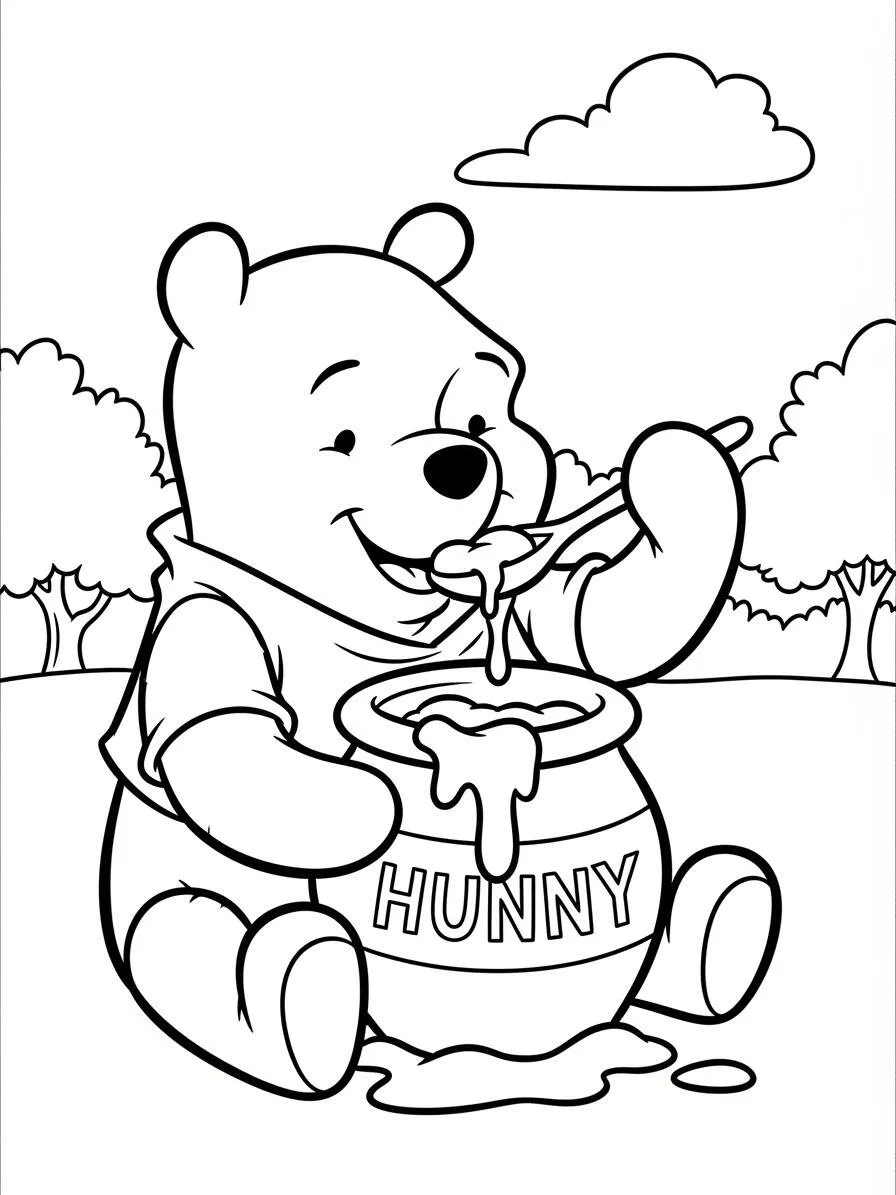 Desenho de Ursinho Pooh com Pote de Mel para Colorir