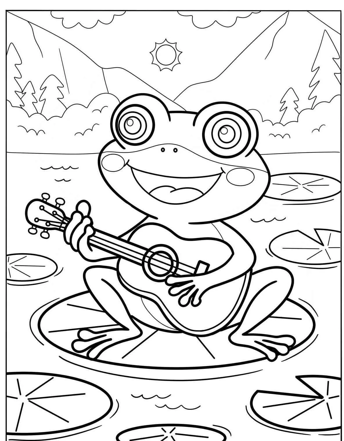Dibujo para colorear de rana cantando con ukelele