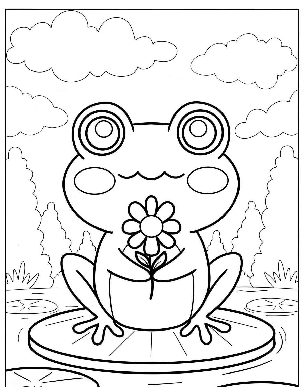 Desenho de Sapo com Flor para Colorir