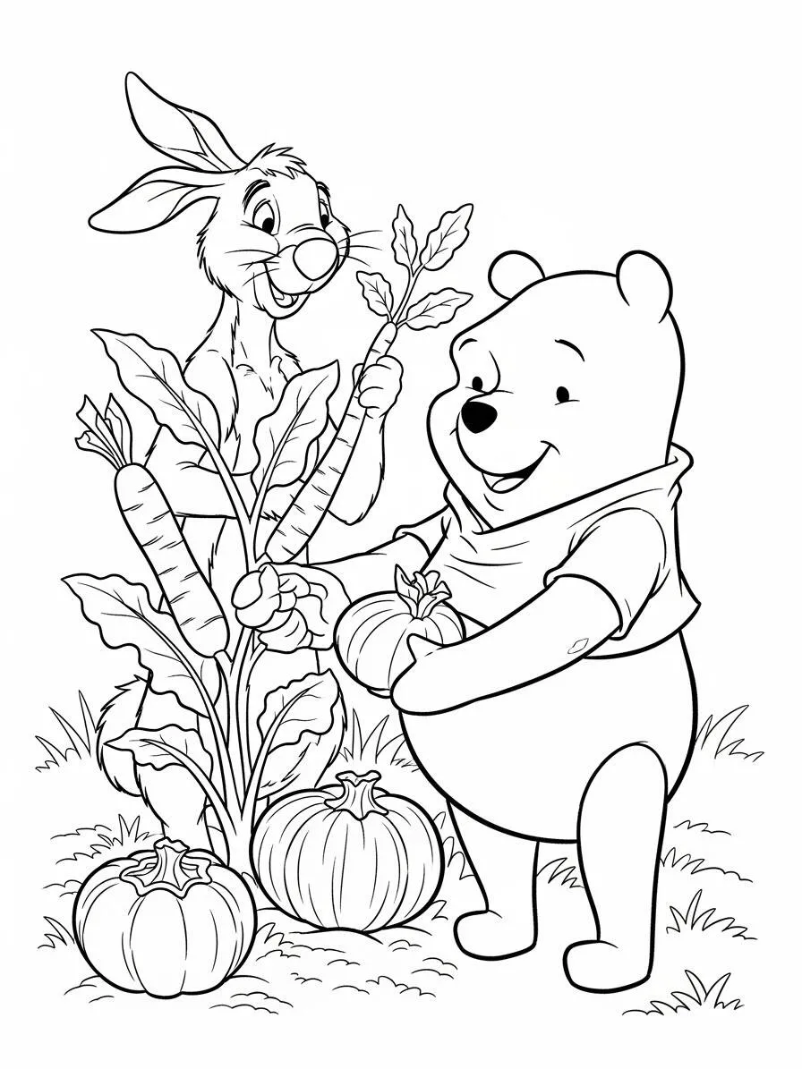 Desenho de Ursinho Pooh e Coelho Colhendo Cenouras para Colorir