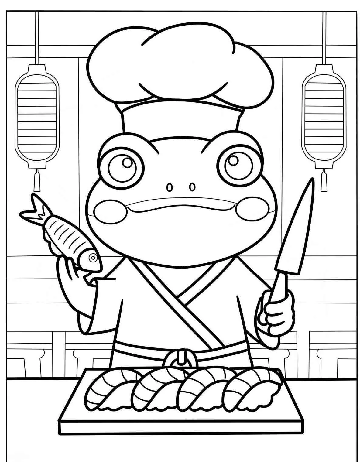 Desenho de Sapo Chef de Sushi para Colorir