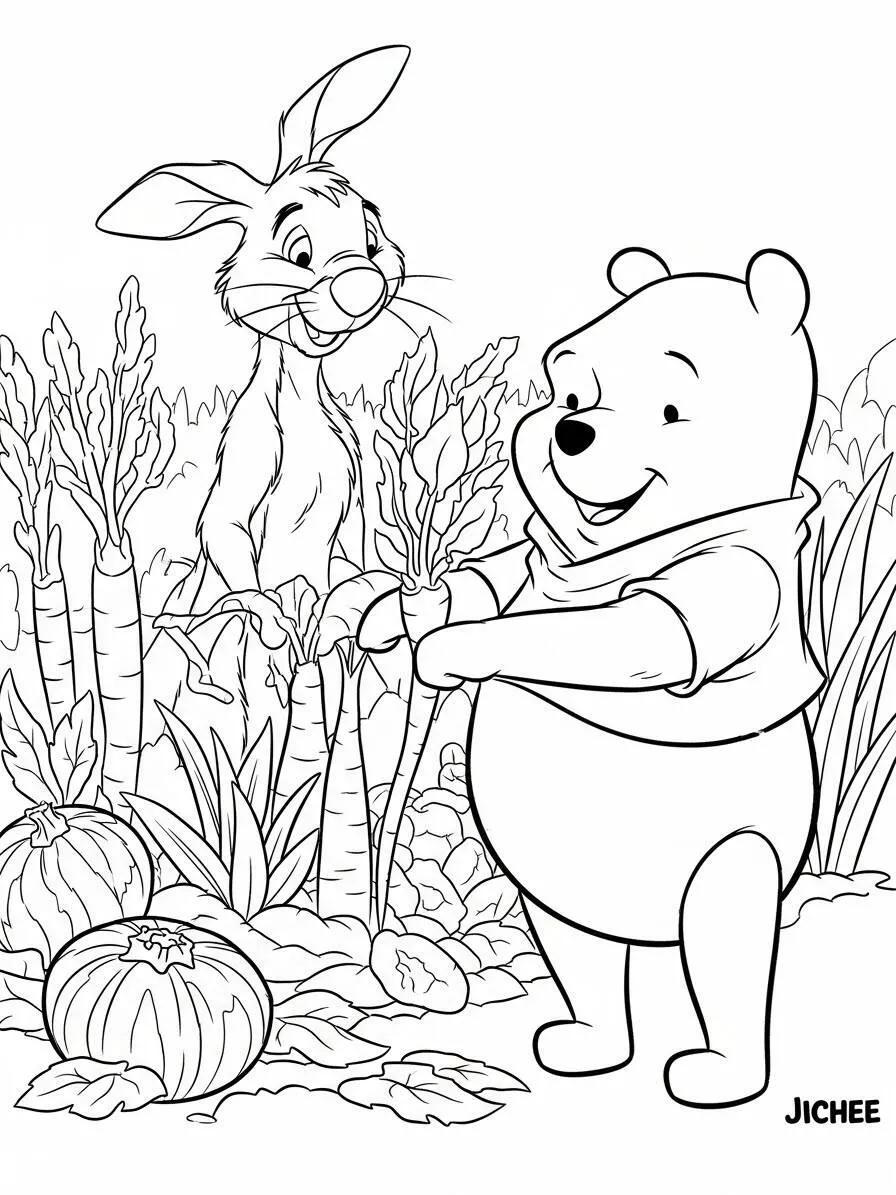 Winnie Puuh erntet Karotten mit Kaninchen zum Ausmalen