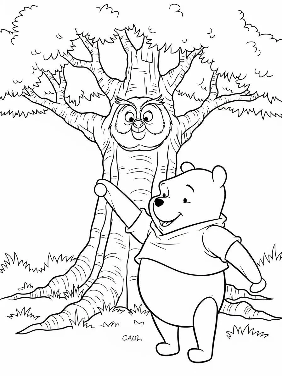 Desenho de Ursinho Pooh com Coruja para Colorir