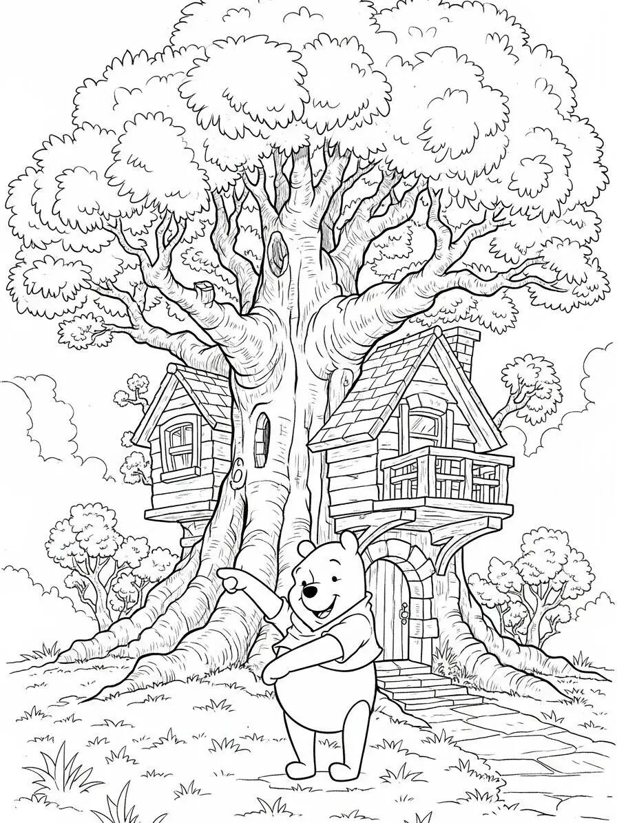 Winnie the Pooh davanti alla casa sull'albero da colorare
