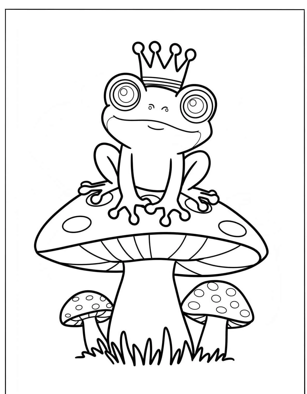 Desenho de Sapo com Coroa em Cima de um Cogumelo para Colorir