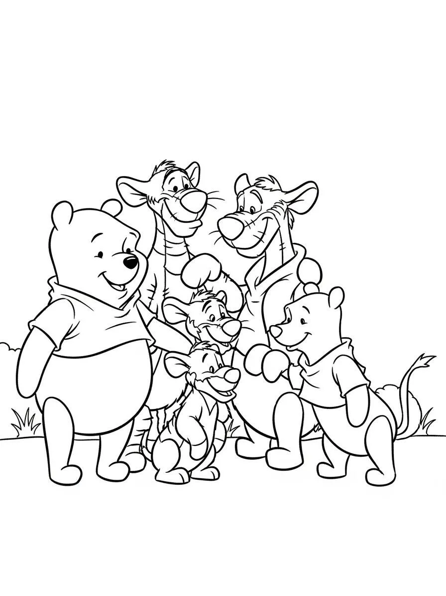 Desenho de Ursinho Pooh com Tigrão e Amigos para Colorir