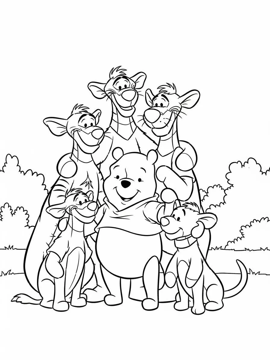 Desenho de Ursinho Pooh com Tigrão e Amigos para Colorir