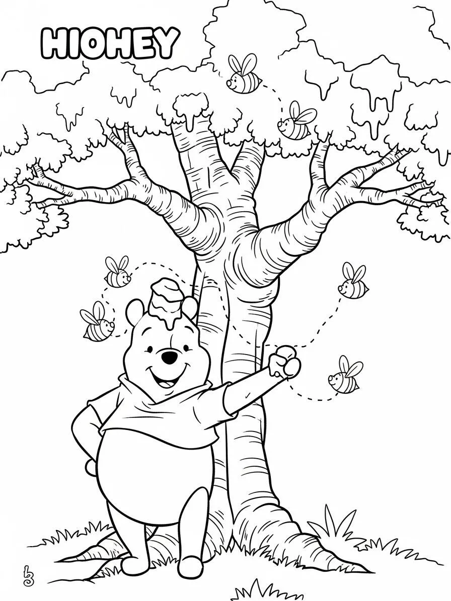 Desenho de Ursinho Pooh com Abelhas para Colorir
